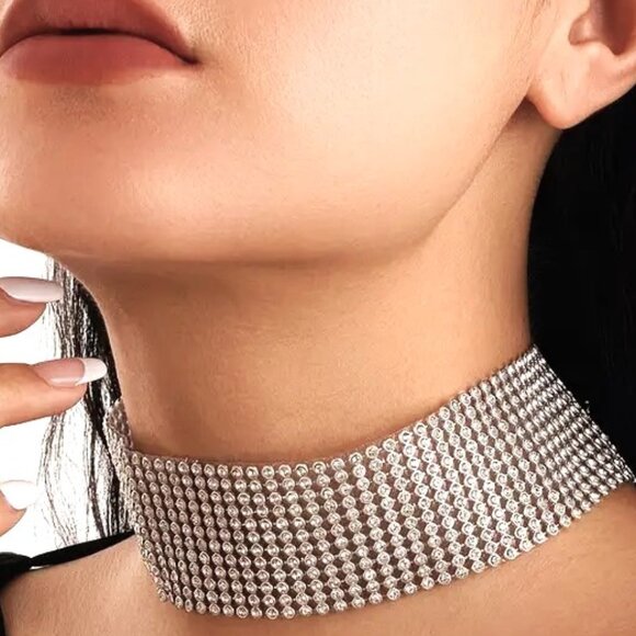 Choker Necklace Collar Mesh Rhinestone Bold Hollywood Glam Trendy Y2K Elegant - Picture 2 of 4